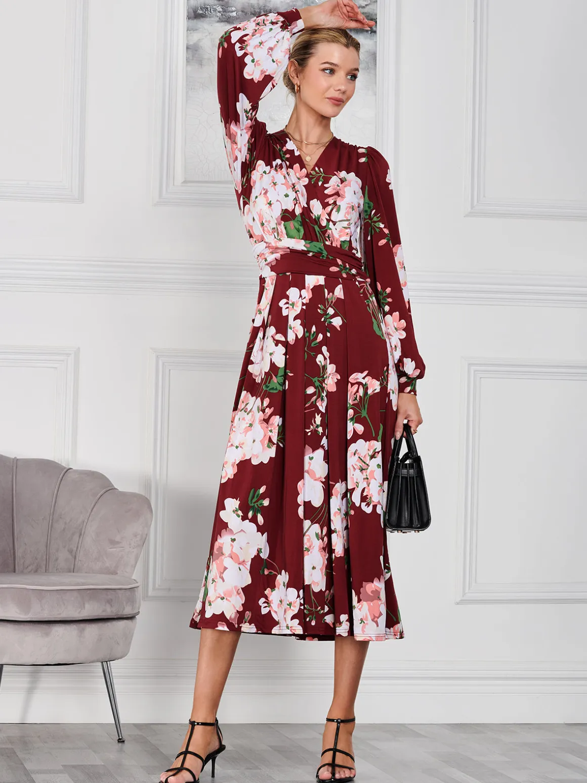 Kamille Long Sleeve Dress, Dark Red