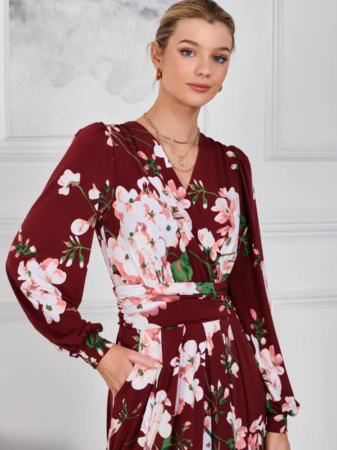 Kamille Long Sleeve Dress, Dark Red