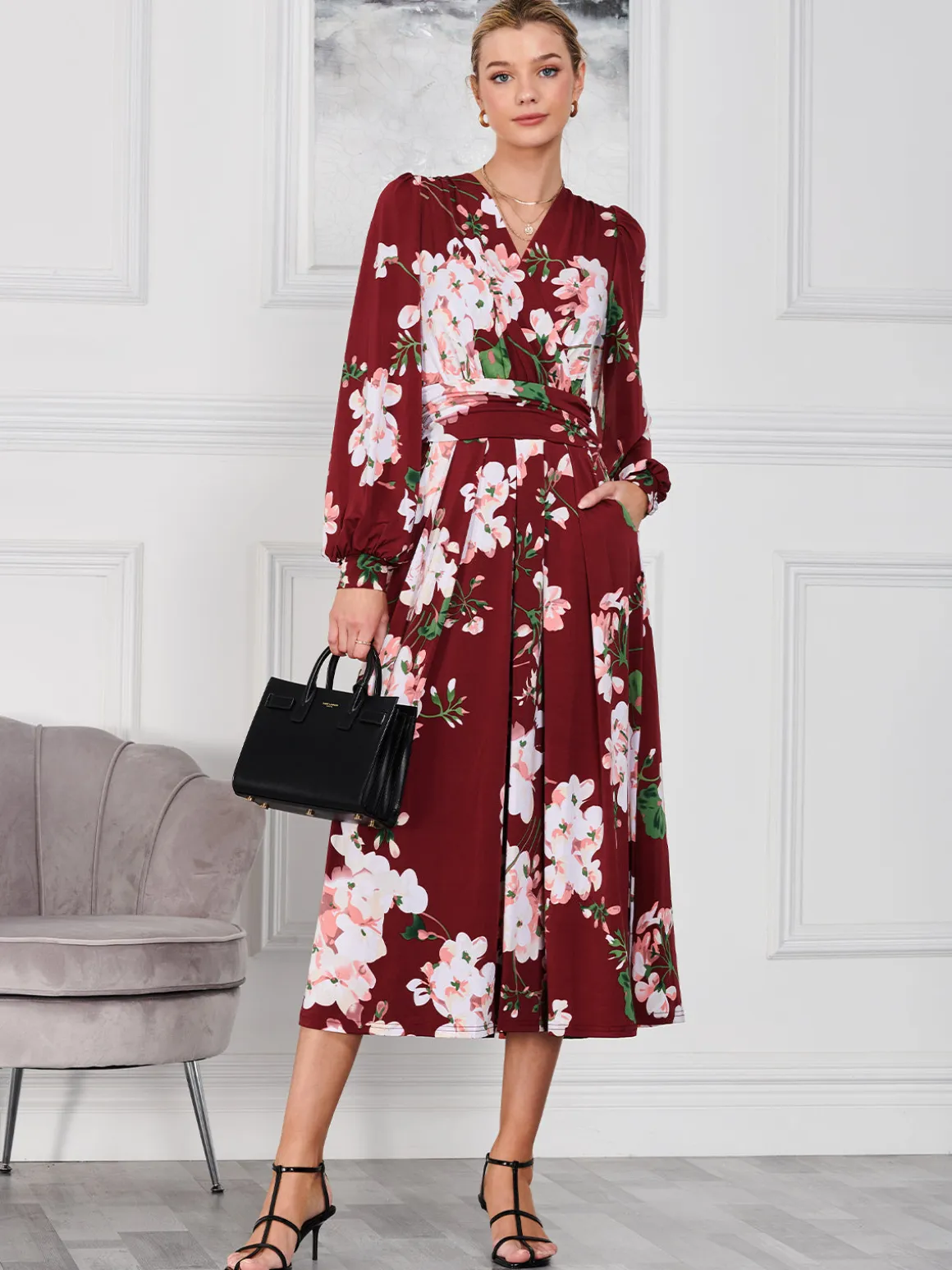 Kamille Long Sleeve Dress, Dark Red