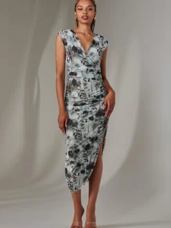 Katrina Sleeveless Ruched Bodycon Dress, Grey Abstract