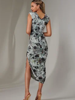 Katrina Sleeveless Ruched Bodycon Dress, Grey Abstract
