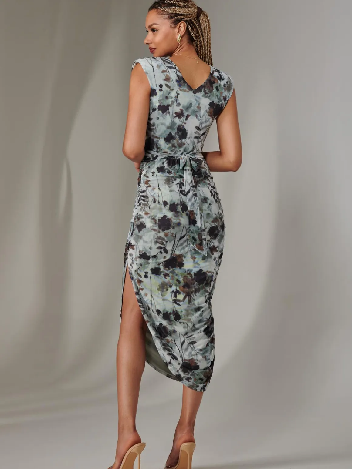 Katrina Sleeveless Ruched Bodycon Dress, Grey Abstract