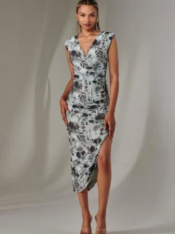 Katrina Sleeveless Ruched Bodycon Dress, Grey Abstract