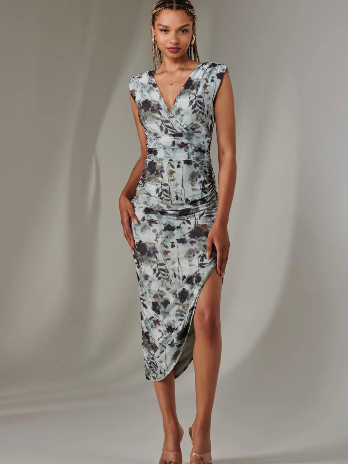 Katrina Sleeveless Ruched Bodycon Dress, Grey Abstract
