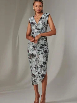 Katrina Sleeveless Ruched Bodycon Dress, Grey Abstract