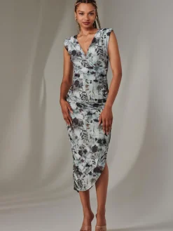 Katrina Sleeveless Ruched Bodycon Dress, Grey Abstract