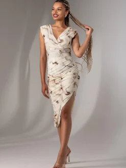 Katrina Sleeveless Ruched Bodycon Dress, Khaki Abstract