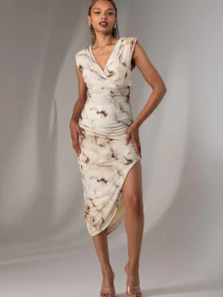 Katrina Sleeveless Ruched Bodycon Dress, Khaki Abstract
