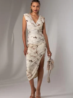 Katrina Sleeveless Ruched Bodycon Dress, Khaki Abstract