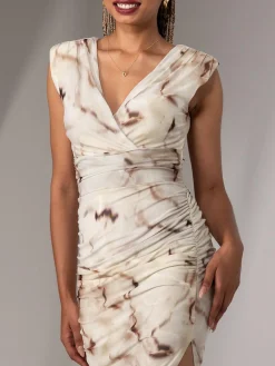 Katrina Sleeveless Ruched Bodycon Dress, Khaki Abstract