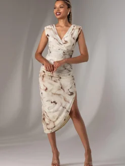 Katrina Sleeveless Ruched Bodycon Dress, Khaki Abstract