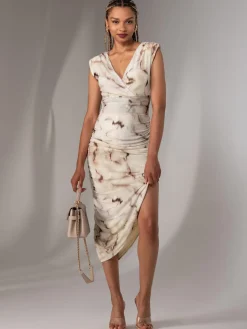 Katrina Sleeveless Ruched Bodycon Dress, Khaki Abstract