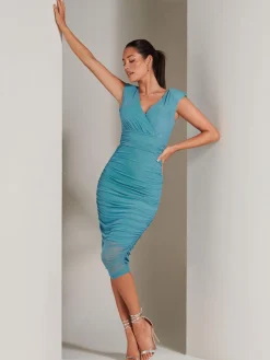 Keira Wrap V-Neck Mesh Midi Dress, Teal
