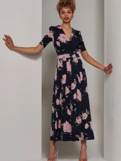 Kenzie Half Sleeve Jersey Maxi Dress, Navy Floral