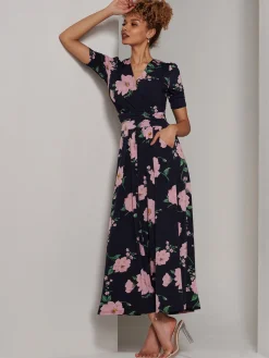 Kenzie Half Sleeve Jersey Maxi Dress, Navy Floral