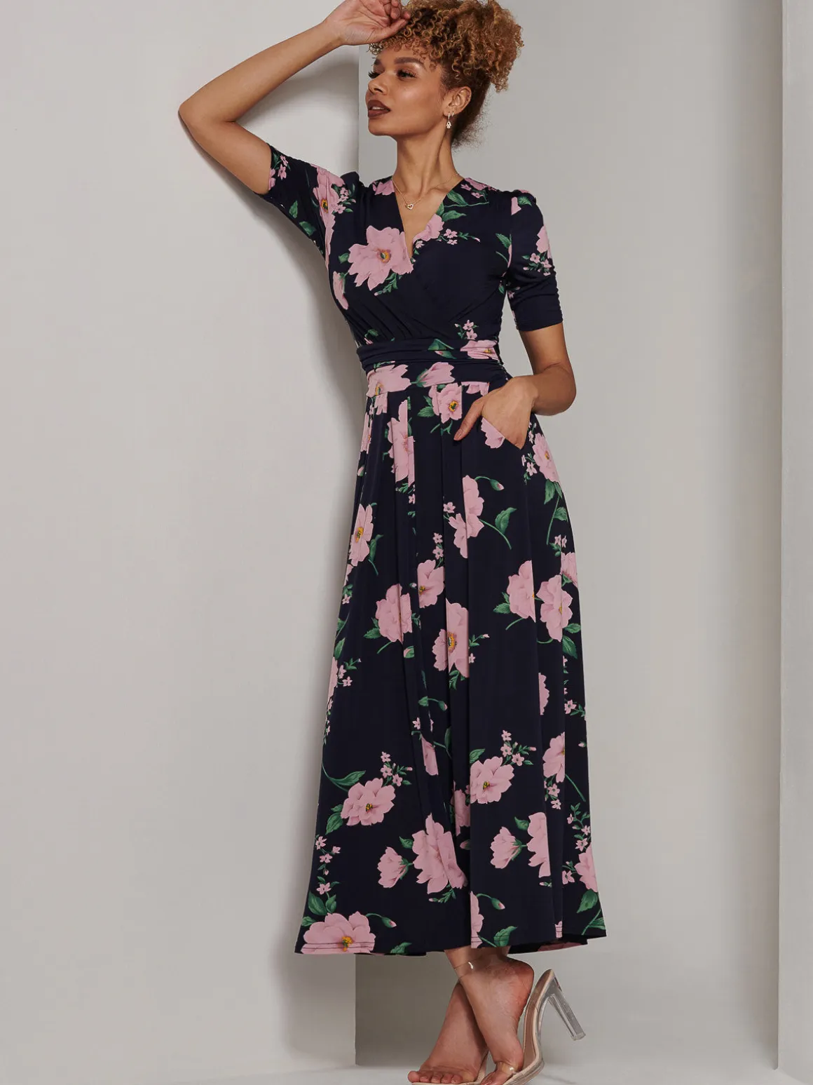 Kenzie Half Sleeve Jersey Maxi Dress, Navy Floral