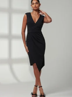 Kiana Wrap Ruched Bodycon Dress, Black