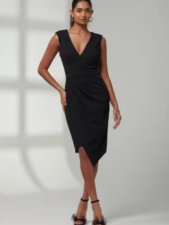 Kiana Wrap Ruched Bodycon Dress, Black