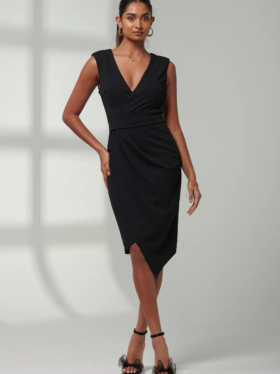 Kiana Wrap Ruched Bodycon Dress, Black