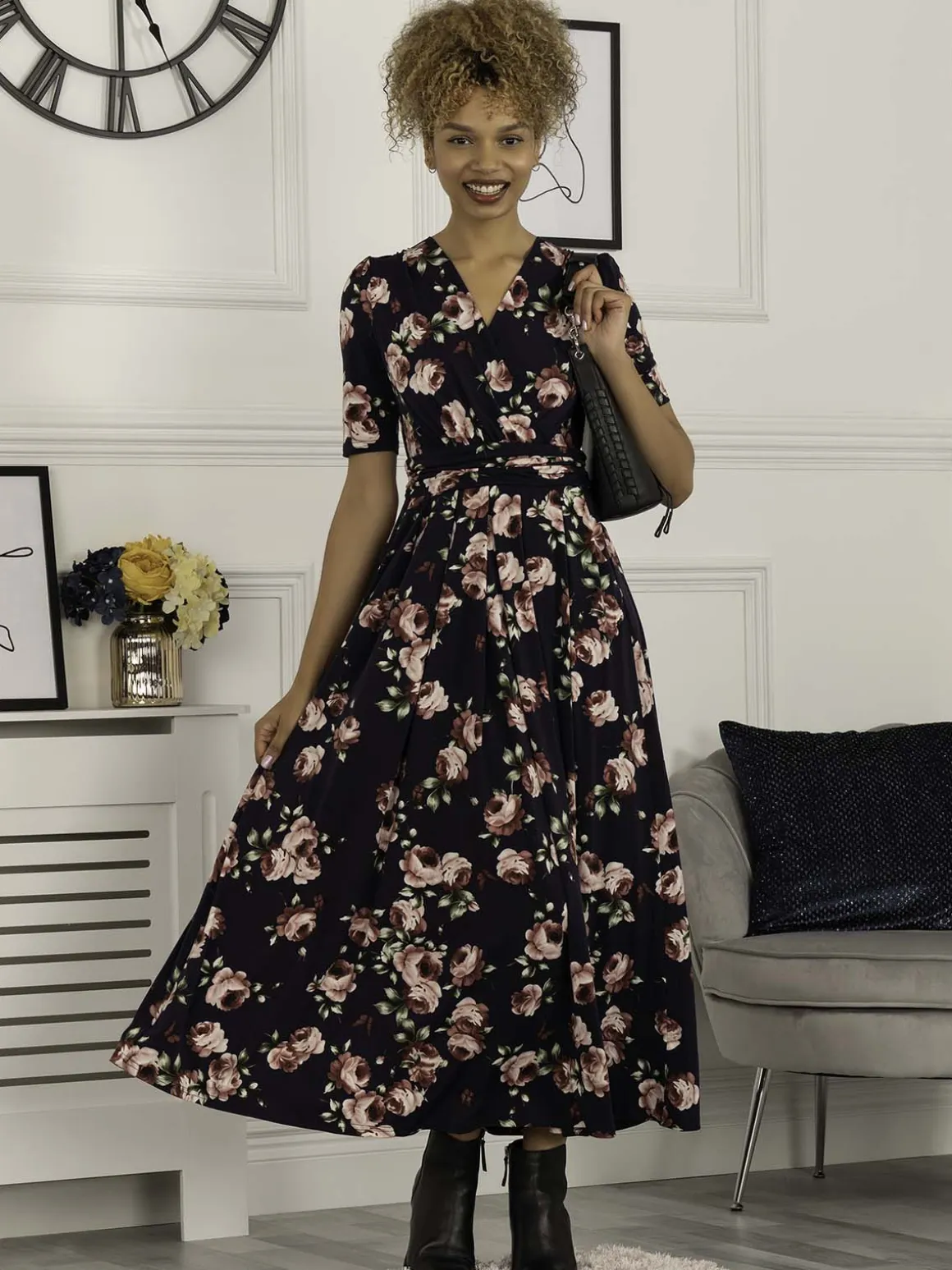 Kiera Wrap Front Maxi Dress, Navy Floral