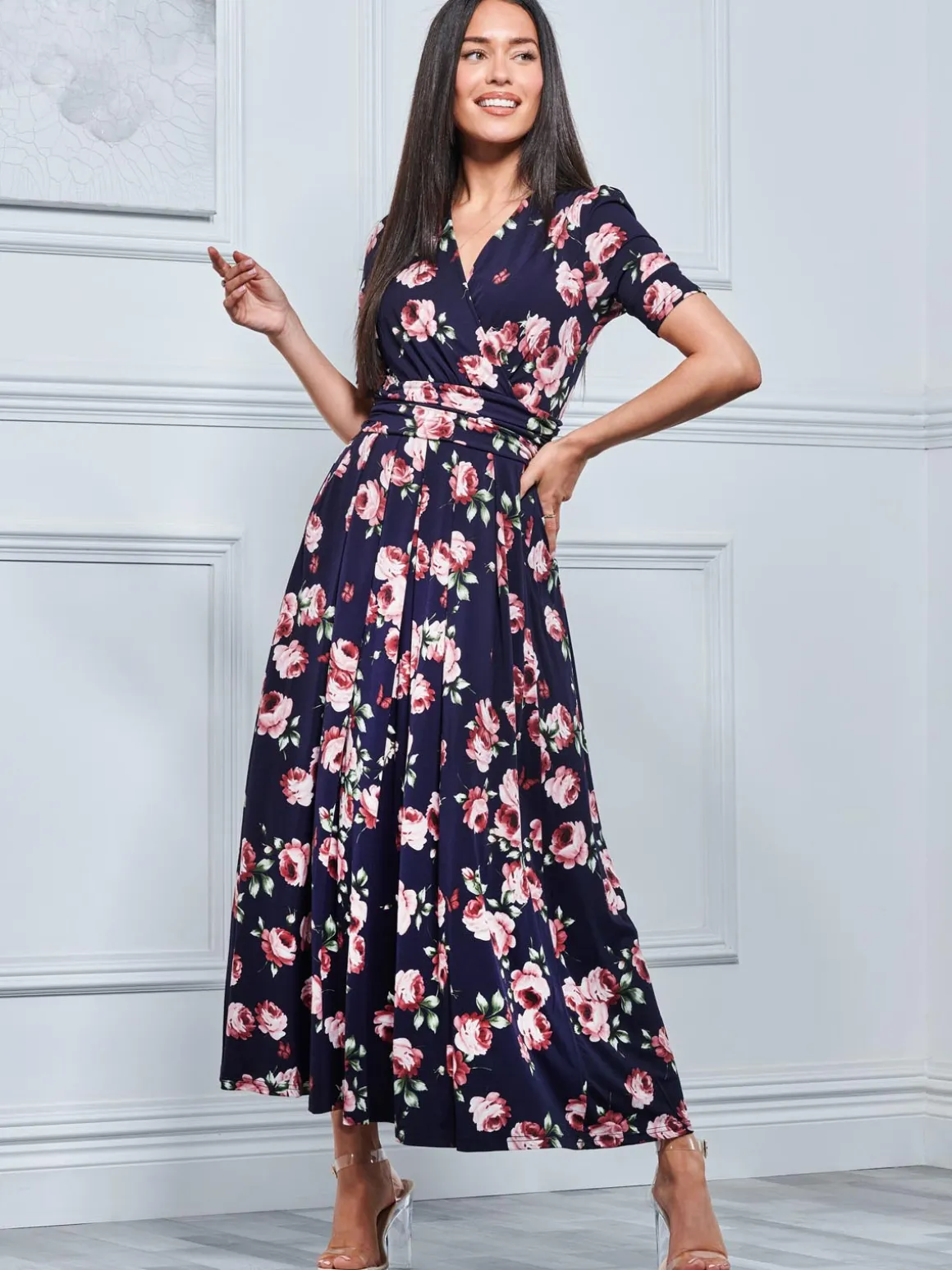 Kiera Wrap Front Maxi Dress, Navy Floral