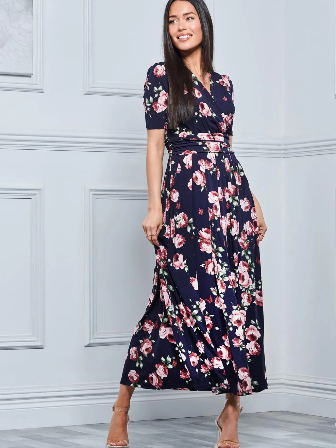 Kiera Wrap Front Maxi Dress, Navy Floral