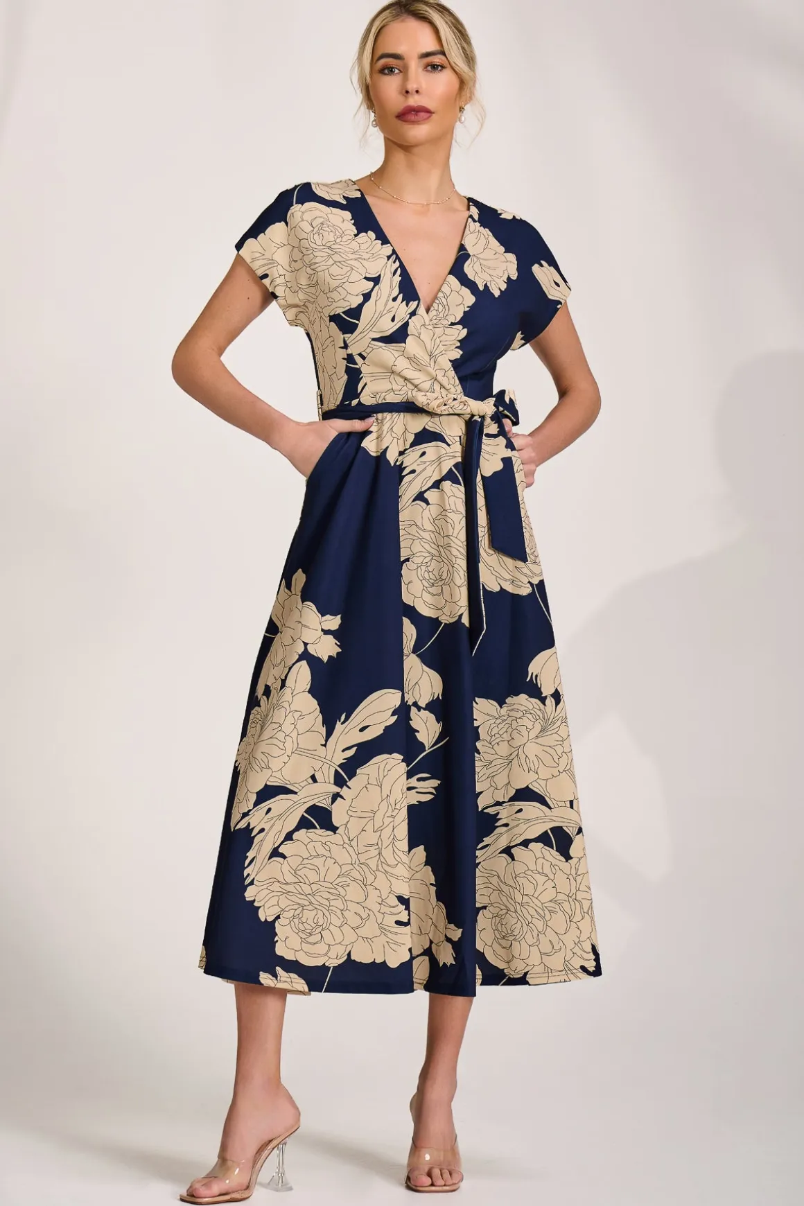 Kimono Sleeve Print Scuba Midaxi Dress, Navy Floral