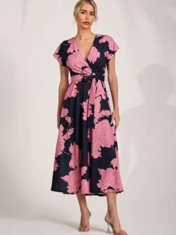 Kimono Sleeve Print Scuba Midaxi Dress, Pink Floral
