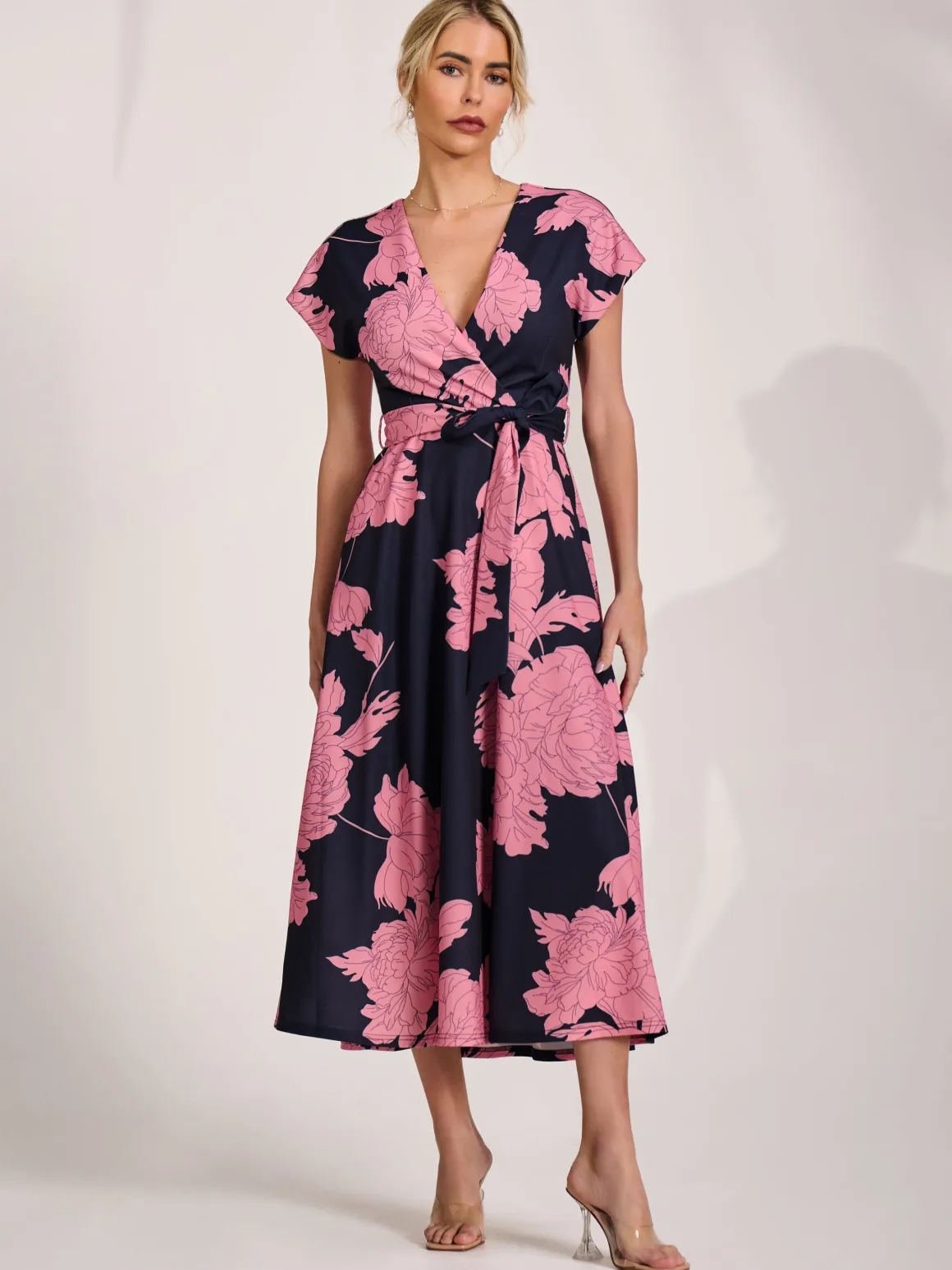 Kimono Sleeve Print Scuba Midaxi Dress, Pink Floral