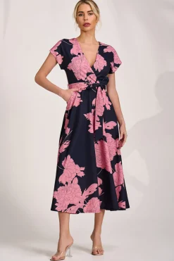 Kimono Sleeve Print Scuba Midaxi Dress, Pink Floral