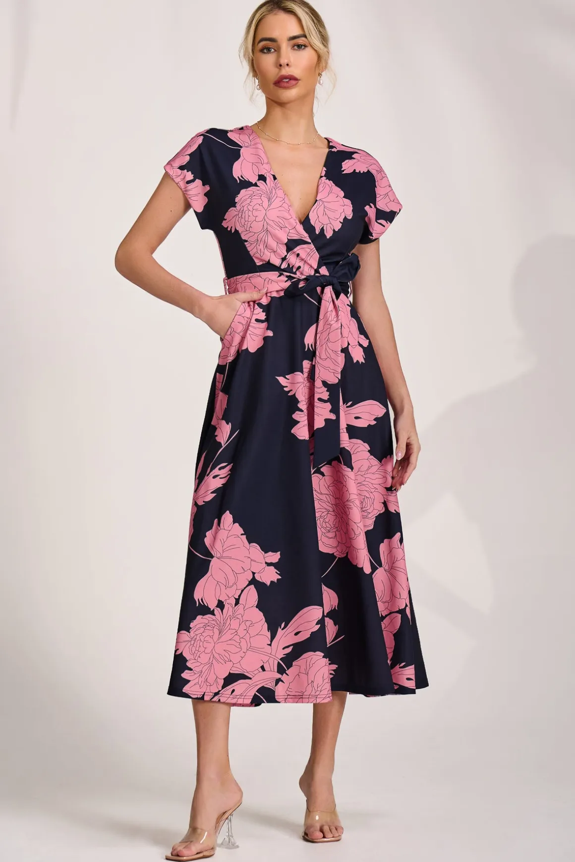 Kimono Sleeve Print Scuba Midaxi Dress, Pink Floral