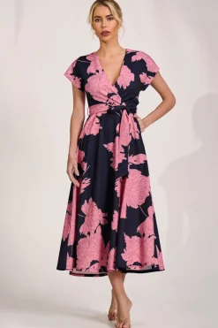 Kimono Sleeve Print Scuba Midaxi Dress, Pink Floral