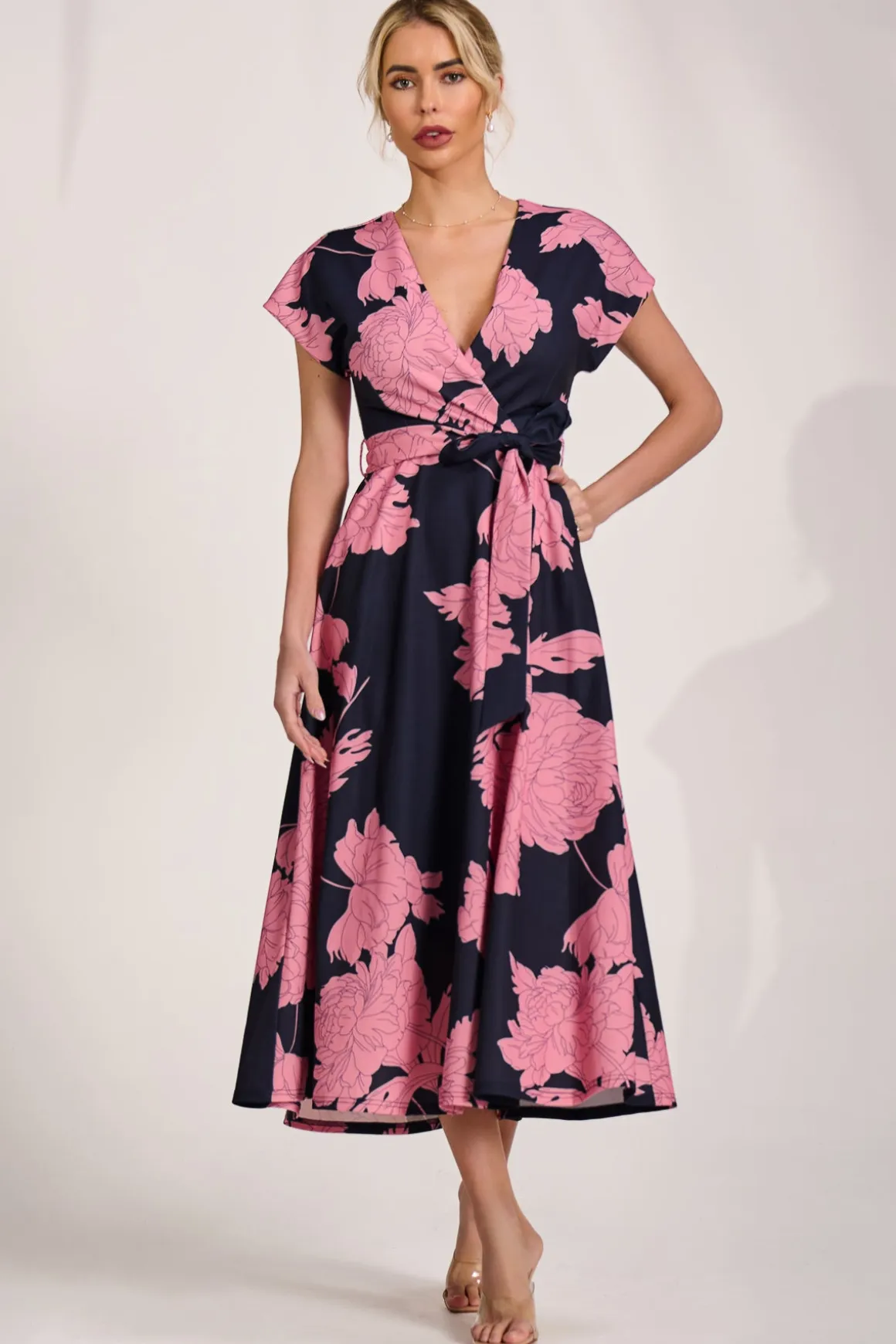 Kimono Sleeve Print Scuba Midaxi Dress, Pink Floral