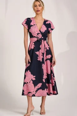 Kimono Sleeve Print Scuba Midaxi Dress, Pink Floral