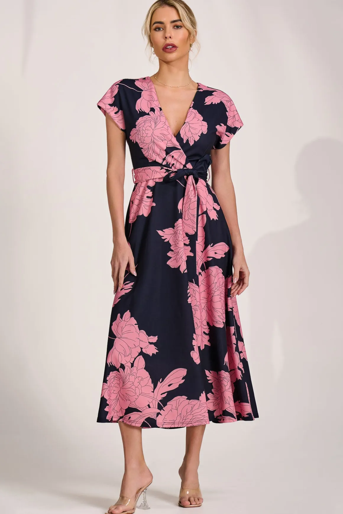 Kimono Sleeve Print Scuba Midaxi Dress, Pink Floral