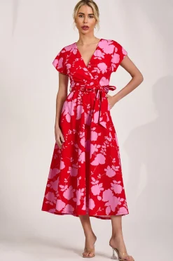 Kimono Sleeve Print Scuba Midaxi Dress, Red Floral