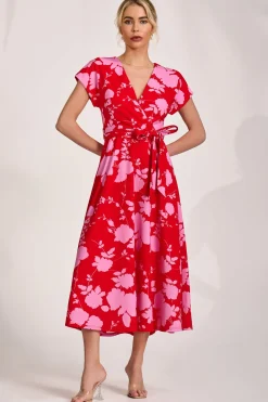 Kimono Sleeve Print Scuba Midaxi Dress, Red Floral