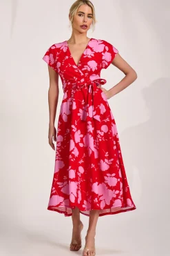 Kimono Sleeve Print Scuba Midaxi Dress, Red Floral