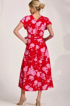 Kimono Sleeve Print Scuba Midaxi Dress, Red Floral