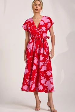 Kimono Sleeve Print Scuba Midaxi Dress, Red Floral
