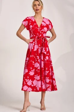Kimono Sleeve Print Scuba Midaxi Dress, Red Floral