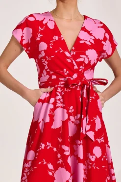Kimono Sleeve Print Scuba Midaxi Dress, Red Floral