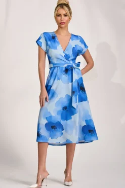 Kimono Sleeve Print Scuba Midi Dress, Blue Floral