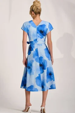 Kimono Sleeve Print Scuba Midi Dress, Blue Floral
