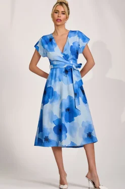 Kimono Sleeve Print Scuba Midi Dress, Blue Floral
