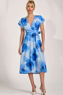 Kimono Sleeve Print Scuba Midi Dress, Blue Floral