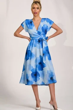 Kimono Sleeve Print Scuba Midi Dress, Blue Floral