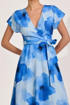 Kimono Sleeve Print Scuba Midi Dress, Blue Floral