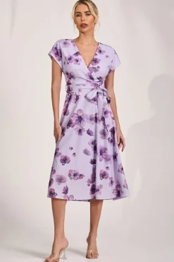Kimono Sleeve Print Scuba Midi Dress, Pink Floral