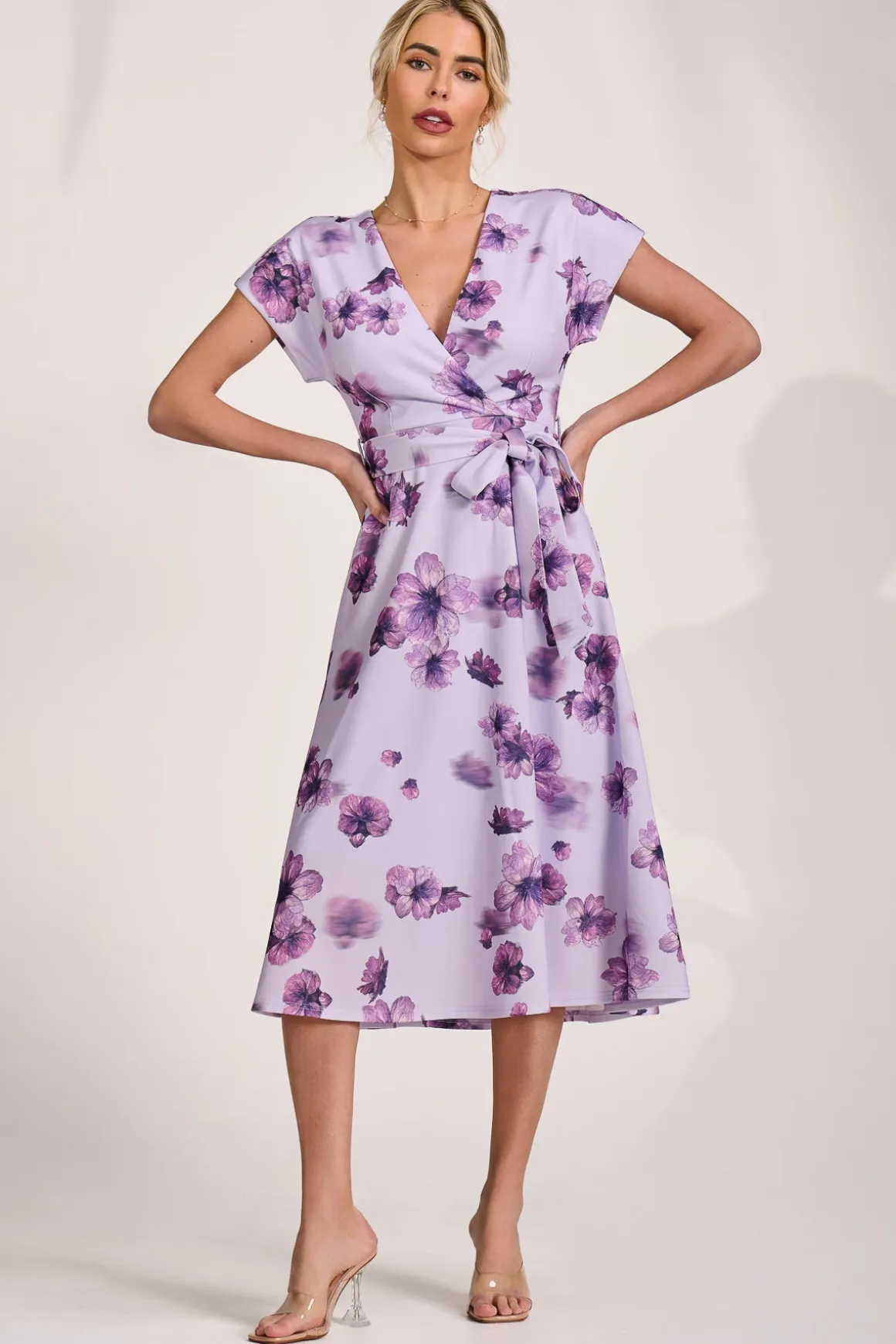 Kimono Sleeve Print Scuba Midi Dress, Pink Floral
